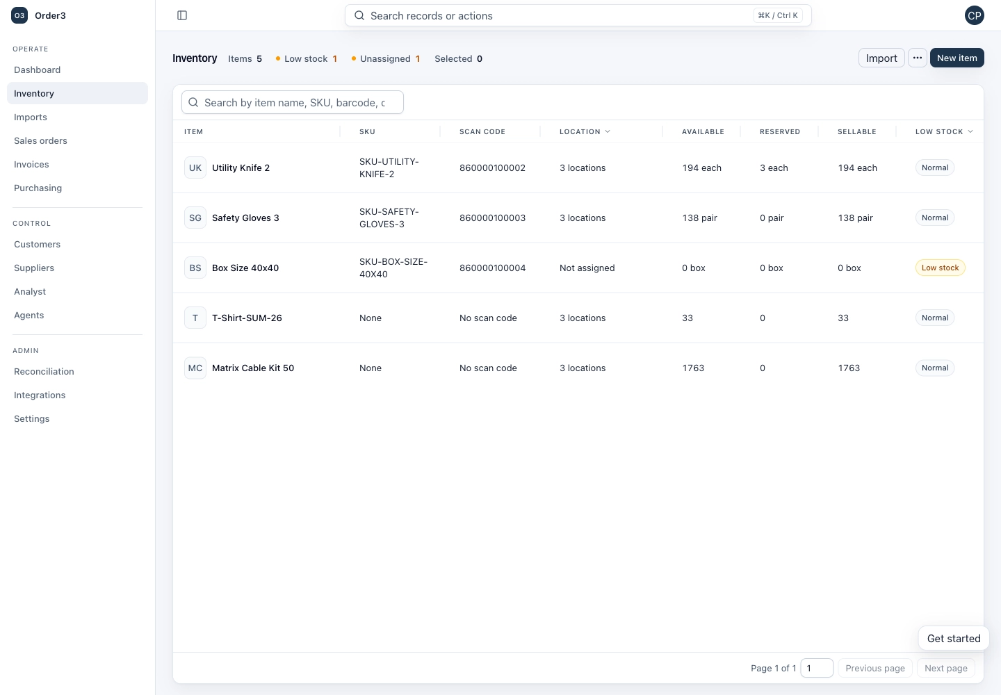 Real Order3 inventory screen. The first row shows 194 available and 3 reserved for Utility Knife 2.