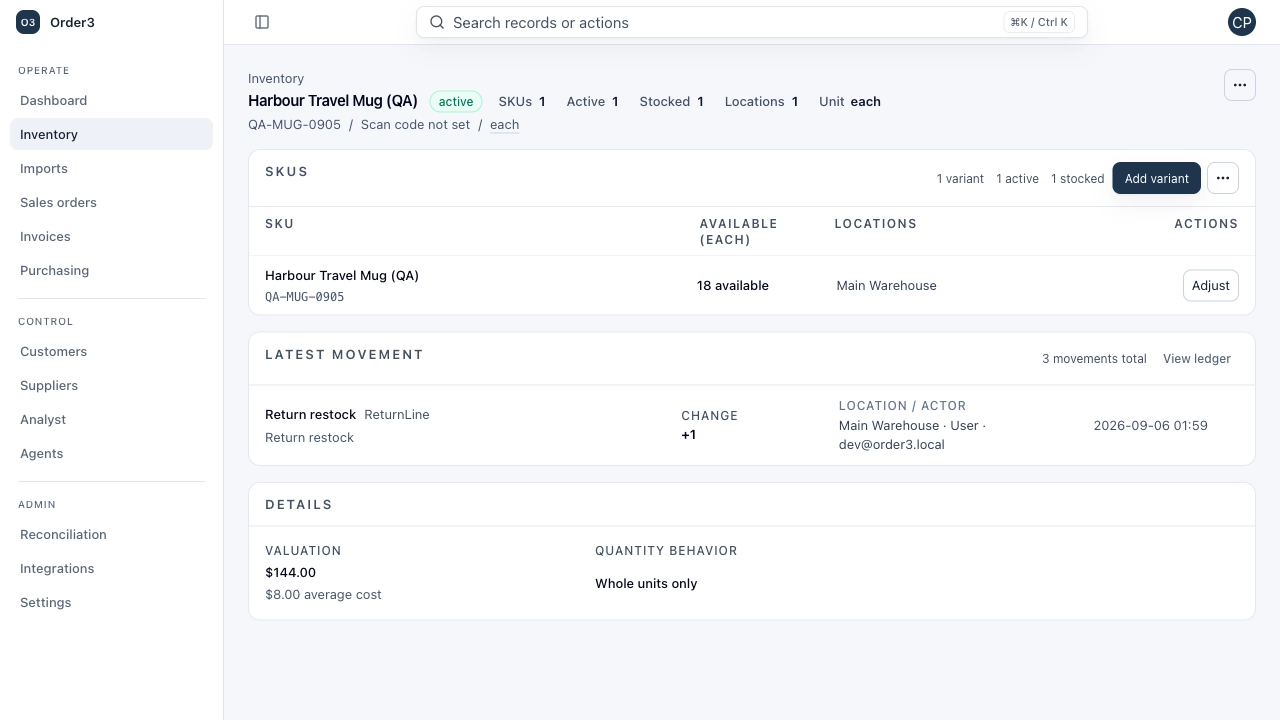 Real Order3 item history showing 18 travel mugs available in Main Warehouse and a plus-one stock movement with its location and actor.
